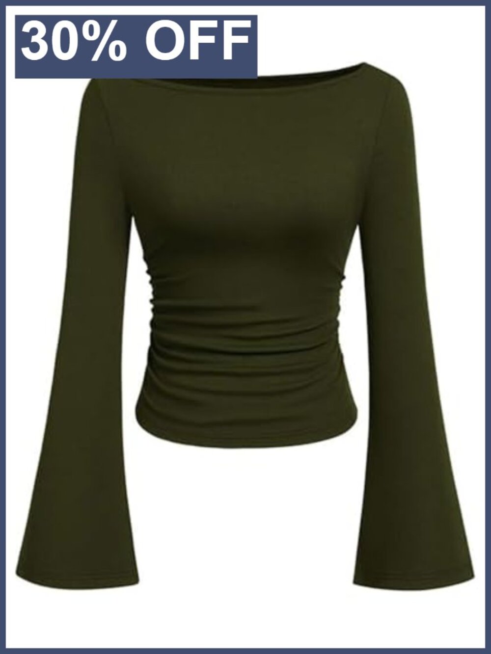 Bell Sleeve Boat Neck Ribbed Knit Long Sleeve Crop Top